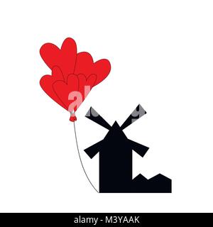 mill and balloons of hearts on a white background Stock Vector