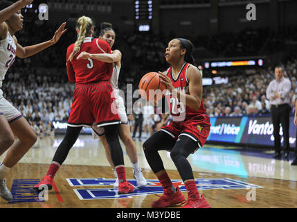 Stores, Connecticut, USA. 12th Feb, 2018. Asia Durr (25) of the Louisville Cardinals looks to shoot during a game against Uconn Huskies at Gampel Pavilion in Stores, Connecticut. Gregory Vasil/Cal Sport Media/Alamy Live News Stock Photo