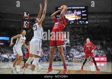 Stores, Connecticut, USA. 12th Feb, 2018. Bionca Dunham (33) of the Louisville Cardinals shoots during a game against Uconn Huskies at Gampel Pavilion in Stores, Connecticut. Gregory Vasil/Cal Sport Media/Alamy Live News Stock Photo