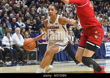 Stores, Connecticut, USA. 12th Feb, 2018. Gabby Williams (15) of the Uconn Huskies drives to the basket during a game against Louisville Cardinals at Gampel Pavilion in Stores, Connecticut. Gregory Vasil/Cal Sport Media/Alamy Live News Stock Photo