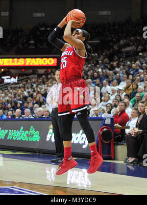 Stores, Connecticut, USA. 12th Feb, 2018. Asia Durr (25) of the Louisville Cardinals shoots during a game against Uconn Huskies at Gampel Pavilion in Stores, Connecticut. Gregory Vasil/Cal Sport Media/Alamy Live News Stock Photo