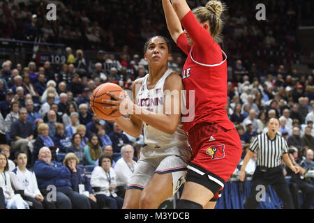 Stores, Connecticut, USA. 12th Feb, 2018. Gabby Williams (15) of the Uconn Huskies drives to the basket during a game against Louisville Cardinals at Gampel Pavilion in Stores, Connecticut. Gregory Vasil/Cal Sport Media/Alamy Live News Stock Photo