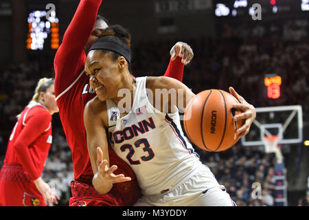 Stores, Connecticut, USA. 12th Feb, 2018. Azura Stevens (23) of the Uconn Huskies drives to the basket during a game against Louisville Cardinals at Gampel Pavilion in Stores, Connecticut. Gregory Vasil/Cal Sport Media/Alamy Live News Stock Photo
