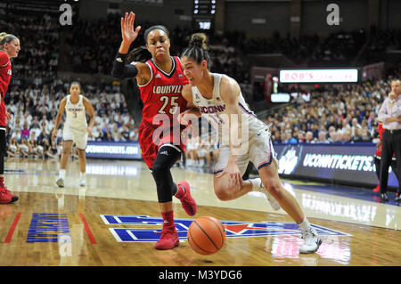 Stores, Connecticut, USA. 12th Feb, 2018. Kia Nurse (11) of the Uconn Huskies drives to the basket during a game against Louisville Cardinals at Gampel Pavilion in Stores, Connecticut. Gregory Vasil/Cal Sport Media/Alamy Live News Stock Photo