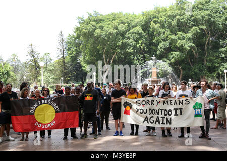 Sydney, Australia. 13th Feb, 2018. On the ten-year anniversary of the apology by former Australian Prime Minister Kevin Rudd to what have become known as the ‘stolen generation' - people of Aboriginal descent who were removed from the families as children, the group Grandmothers Against Removals Sydney Branch organised a march from Hyde Park fountain to the NSW Parliament. Credit: Credit: Richard Milnes/Alamy Live News Stock Photo
