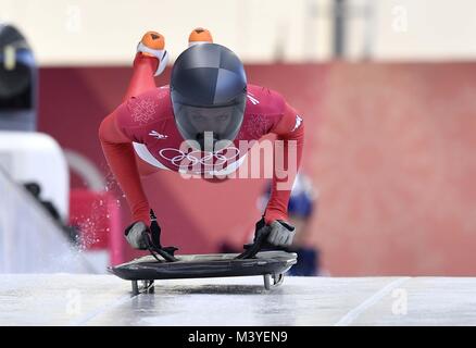 Pyeongchang, South Korea. 13th Feb, 2018. Janine Flock (AUT). Skeleton training. Alpensia sliding centrePyeongchang2018 winter Olympics. Alpensia. Republic of Korea. 13/02/2018. Credit: Sport In Pictures/Alamy Live News Stock Photo