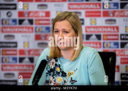 Jayne Ludlow Wales Women Football Team Manager holds her press conference at the Cardiff City Stadium, Wales to announce her squad for the up coming Cyprus Cup before the World Cup Qualifier against England in April 2018. Stock Photo