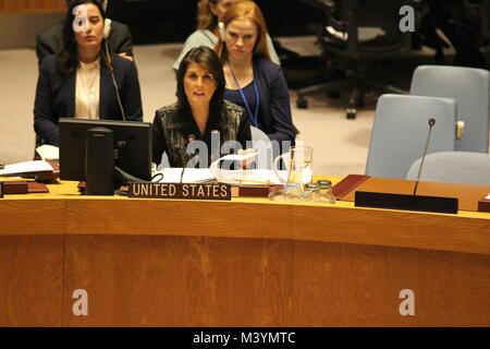 UN, New York, USA. 13th Feb, 2018. Nikki Haley, US Ambassador, speaks about Myanmar and the Rohingya to the UN Security Council. Photo: Matthew Russell Lee / Inner City Press Stock Photo