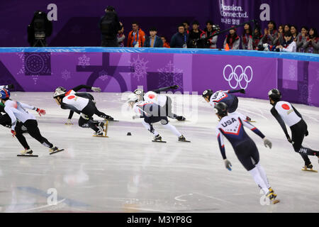 Gangneung, South Korea. 13th Feb, 2018. Heat 2 of the Short Track Speed Skating Men's Men's 5,000m Relay, at Gangneung Ice Arena during the 2018 Pyeongchang Winter Olympic Games. Credit: Scott Mc Kiernan/ZUMA Wire/Alamy Live News Stock Photo