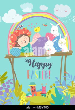 Cute girl with Easter rabbits and Easter eggs Stock Vector