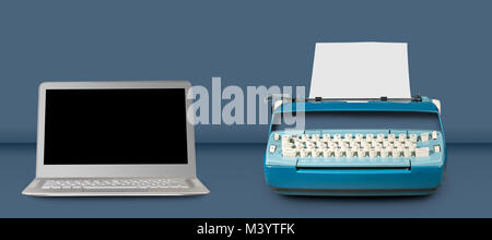 Old electric typewriter with laptop on blue table background Stock Photo