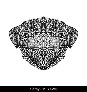 Black and white pug with ethnic floral ornaments for adult coloring book. Zentagle pattern. Vector doodle illustration. Portrait of a cute puppy. Stock Vector