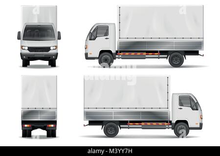 Semi truck isolated on white. Commercial realistic cargo lorry mockup. Delivery truck vector template from side, back, front View. Stock Vector