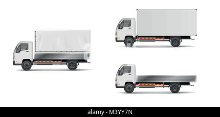 Set of realistic white cargo vehicles. vector illustration with heavy truck, trailer, lorry, delivery van isolated. Side view mockup. Stock Vector