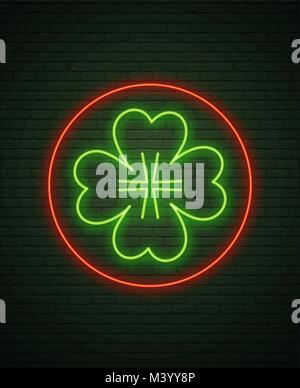Patricks Day Neon sign and green brick wall. Realistic sign. National holiday symbol in Ireland. Irish Shamrock. Template night banner. Stock Vector
