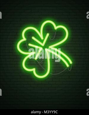 St Patricks Day Neon sign and green brick wall. Realistic sign. National holiday symbol in Ireland. Irish Shamrock. Template night banner. Stock Vector