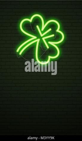 St Patricks Day Neon sign and green brick wall. Realistic sign. National holiday symbol in Ireland. Irish Shamrock. Template night Vertical banner. Stock Vector