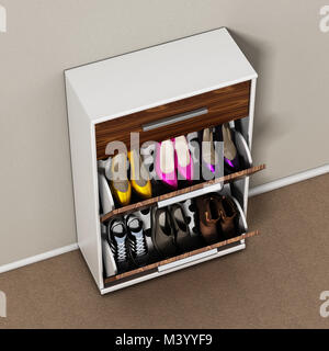 Contemporary wooden shoe cabinet design. 3D illustration. Stock Photo