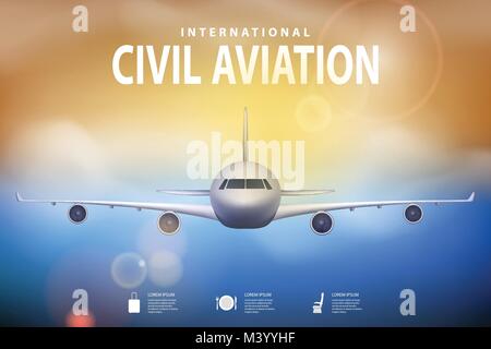 Summer travel illustration with airplane on blue sunny background. Brochure in tourism theme. Travel agency advertisement airplane poster design. Vector Stock Vector