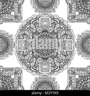 Black and white seamless pattern. Mandala asian background. Vector indian illustration. Stock Vector