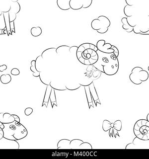 Cute sheep in the clouds. Black and white Wallpaper. Vector illustration. Stock Vector