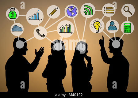 Silhouette Of People Discussing About Business Against Colored Background Stock Photo