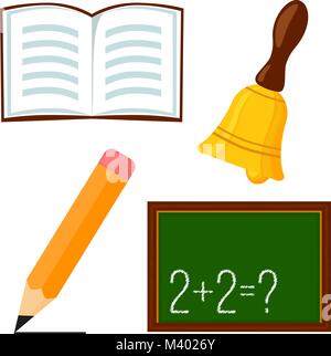 School college university science cartoon icon set poster open book bell pencil green chalk board. Stock Vector