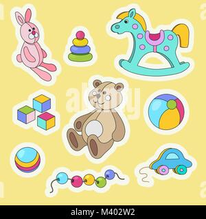 Kids toys cartoon style colorful vector sticker set. Stock Vector