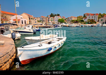 Island of Prvic turquoise harbor and waterfront view in Sepurine village, Sibenik archipelago of Croatia Stock Photo