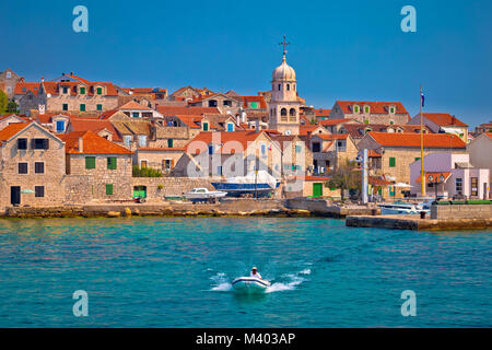 Prvic Sepurine waterfront and stone architecture view, Sibenik archipelago of Croatia Stock Photo