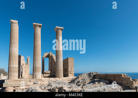 Acropolis of Lindos. Doric columns of the ancient Temple of Athena Lindia the IV, Rhodes, Greece. Stock Photo