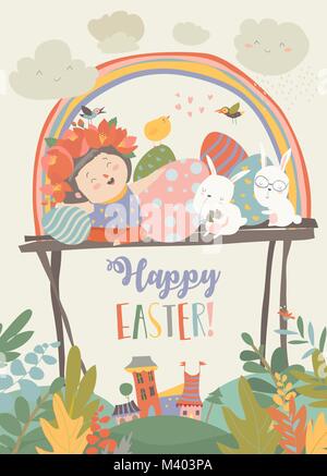 Cute girl with Easter rabbits and Easter eggs Stock Vector