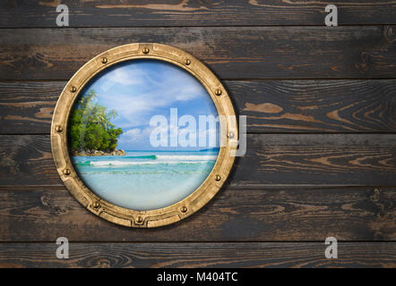 ship or boat porthole on wooden wall 3d illustration Stock Photo