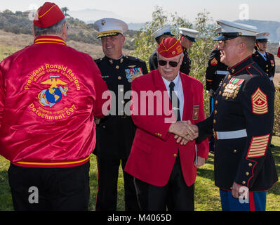 The Ronald Reagan Presidential Foundation and Institute, pay tribute with a wreath laying ceremony at the Ronald Reagan Presidential Foundation and Library, Simi Valley, Calif., Feb 6, 2017. The ceremony was held to honor the 107th Anniversary of Ronald Regan's birth. (U.S. Marine Corps photo by Lance Cpl. Noah Rudash) Stock Photo