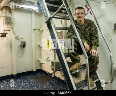 U.S. Marine Lance Cpl. Jerimiah Cunningham is a 20-year-old team leader assigned to Lima Company, 3rd Battalion, 3rd Marine Regiment currently who is currently embarked upon the U.S.S. Bonhomme Richard (LHD-6), at sea, Feb. 6, 2018. Cunningham, a Parkersburg, West Virginia native, is traveling to the Kingdom of Thailand to participate in Exercise Cobra Gold 18. The U.S. and Kingdom of Thailand co-lead annual exercise will be held from Feb. 13-23 with up to seven nations participating. (U.S. Marine Corps photo by Sgt. Ricky Gomez)