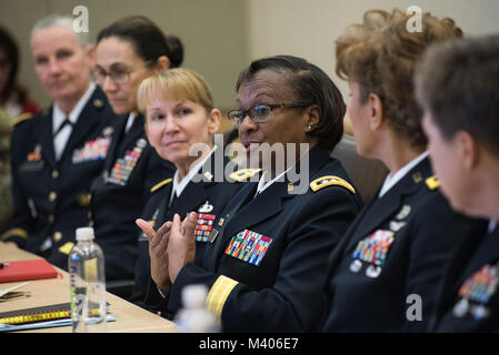 Lt. Gen. Gwen Bingham, Army assistant chief of staff for Installation Management, speaks before an audience, which included fellow general officers and several congressional staff delegates during the Women Leadership Roundtable Discussion hosted at the Pentagon, Feb. 7, 2018. Top U.S. military generals met with congressional delegates to discuss their life perspectives as military women and the importance of having access to every talented American who can add strength to the force. (U.S. Army Reserve photo by Maj. Valerie Palacios) Stock Photo