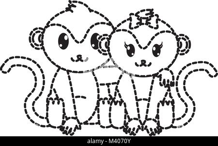 dotted shape monkey couple cute animal together Stock Vector