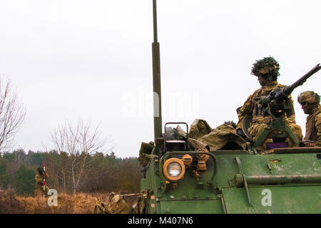 A Soldier (far left) assigned to 2nd Battalion, 70th Armor Regiment, 2nd Armored Brigade Combat Team, 1st Infantry Division places an aiming pole in the ground during a live-fire training exercise at Grafenwoehr Training Area, Germany Feb. 8, 2018. The aiming pole is used as a reference point for gunners during training. (U.S. Army photo by Staff Sgt. Sharon Matthias, 22nd Mobile Public Affairs Detachment) Stock Photo