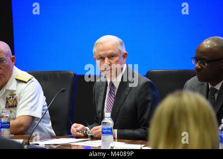 MIAMI (Feb. 8, 2018) -- U.S. Attorney General Jeff Sessions gives opening remarks at the Opioid Summit held at the SOUTHCOM headquarters. U.S. government leaders and experts in the areas of public-health, interdiction, law enforcement, and justice attended the summit to examine the crisis, consider approaches to strengthen the nation’s collective response and define holistic strategies to address the problem. (Photo by Coast Guard Petty Officer 2nd Class Jonathan Lally) Stock Photo