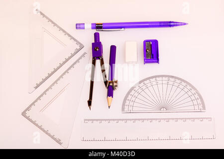Geometry Box Set with Ruler, Protractor, Set Squares, Eraser, Mechanical Pencil Compass and Pencil Stock Photo