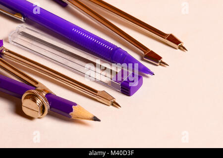 Geometry Box Set with Ruler, Protractor, Set Squares, Eraser, Mechanical Pencil Compass and Pencil Stock Photo