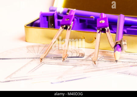 Geometry Box Set with Ruler, Protractor, Set Squares, Eraser, Mechanical Pencil Compass and Pencil Stock Photo