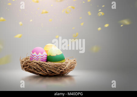 Basket with colorful easter eggs on flying confetti background Stock Photo