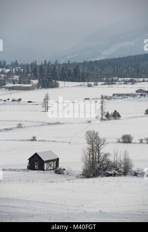 Farms and pastures in Creston Valley in winter, British Columbia, Canada, vertical orientation Stock Photo