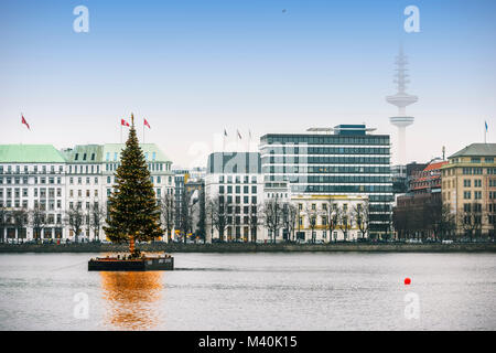 On the Inner Alster Lake Alster fir at Christmas time in Hamburg, Germany, Europe, Alstertanne zur Weihnachtszeit auf der Binnenalster in Hamburg, Deu Stock Photo