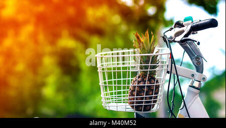 Pineapple in bike basket green blurred background bokeh Stock Photo