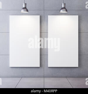 Concrete room with lighted blank canvases. 3D rendering Stock Photo