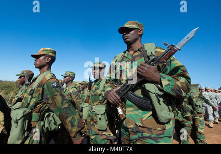 Members of the Zambian Defense Force march alongside United States Army soldiers during the opening day ceremony for Exercise Southern Accord 2015 in Lusaka, Zambia on March 4, 2015. The annual exercise provides U.S. Military, United Nation allies and the Zambian Defense Force an opportunity to work and train together as a combined joint peacekeeping allied force. (U.S. Army Africa photo by Staff Sergeant Brian Kimball) 150804-F-QP401-024 by DoD News Photos Stock Photo