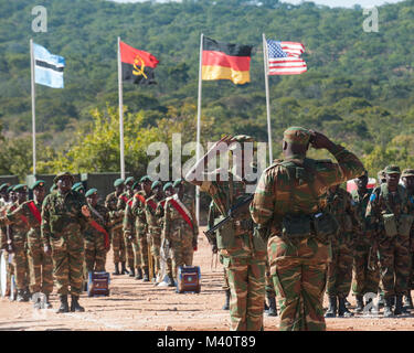 Members of the Zambian Defense Force exchange command of United States Army and Zambian Defense formations during the opening day ceremony for Exercise Southern Accord 2015 in Lusaka, Zambia on March 4, 2015. The annual exercise provides U.S. Military, United Nation allies and the Zambian Defense Force an opportunity to work and train together as a combined joint peacekeeping allied force. (U.S. Army Africa photo by Staff Sergeant Brian Kimball) 150804-F-QP401-062 by DoD News Photos Stock Photo