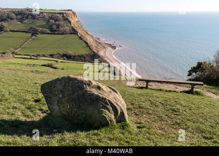 The Frog Stone sitting high above Salcombe Mouth on the South West Coastal Path between Sidmouth and Beer. Stock Photo